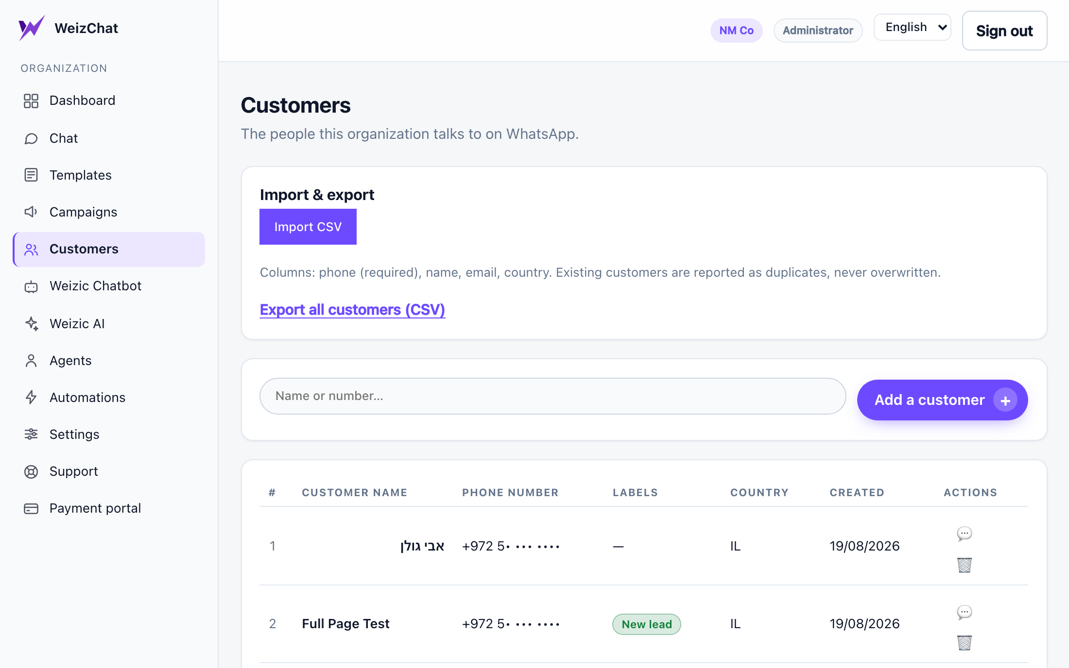 The customers directory: names, masked numbers, labels and CSV import/export.
